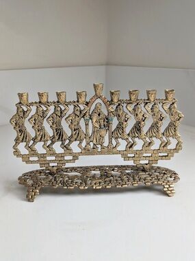 Decorative Brass Hanukkah Menorah with Dancing Figures - Gold